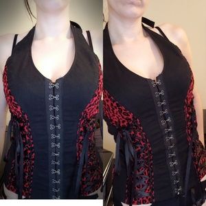 Red leopard & black corset punk goth halter top